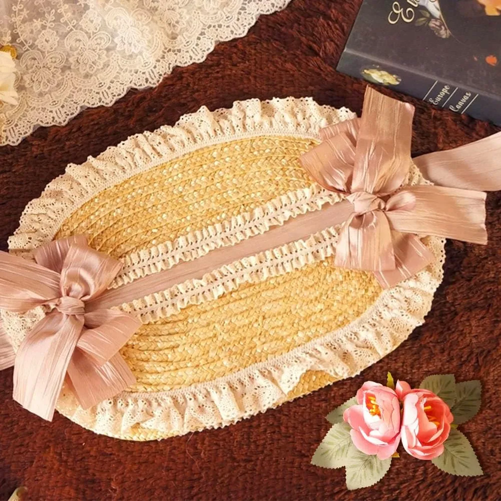 Girls Women Victorian Lolita Flat Bonnet Cap Tea Party Sun Hat Lace Bows Flower Ribbons Straw Hats