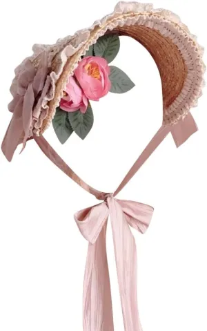 Girls Women Victorian Lolita Flat Bonnet Cap Tea Party Sun Hat Lace Bows Flower Ribbons Straw Hats