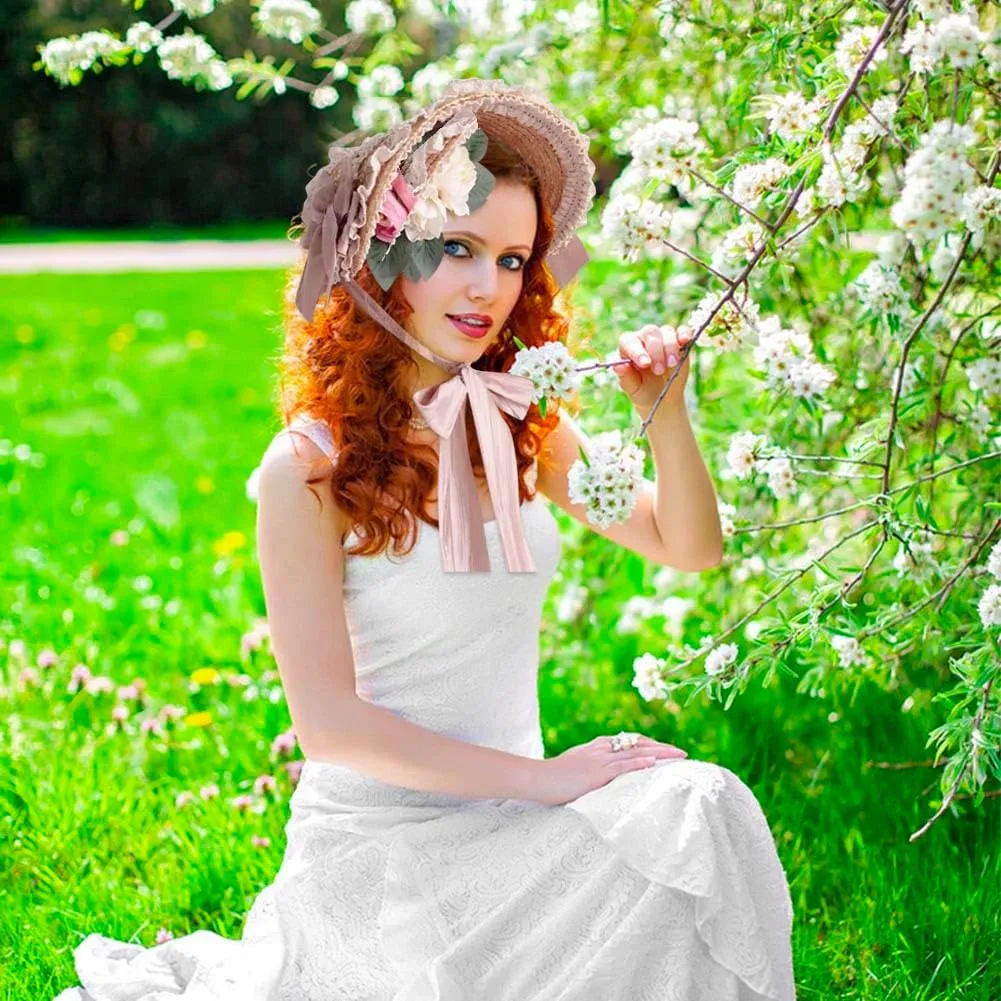 Girls Women Victorian Lolita Flat Bonnet Cap Tea Party Sun Hat Lace Bows Flower Ribbons Straw Hats