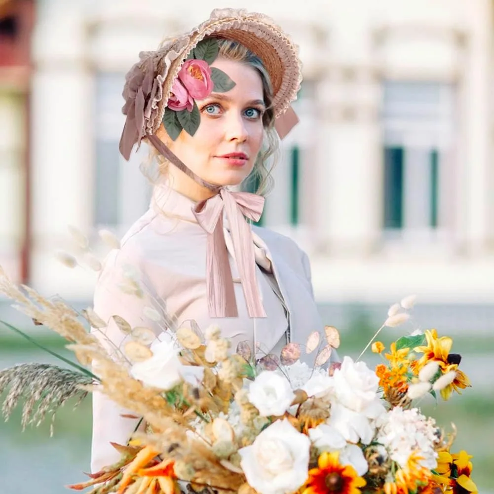 Girls Women Victorian Lolita Flat Bonnet Cap Tea Party Sun Hat Lace Bows Flower Ribbons Straw Hats