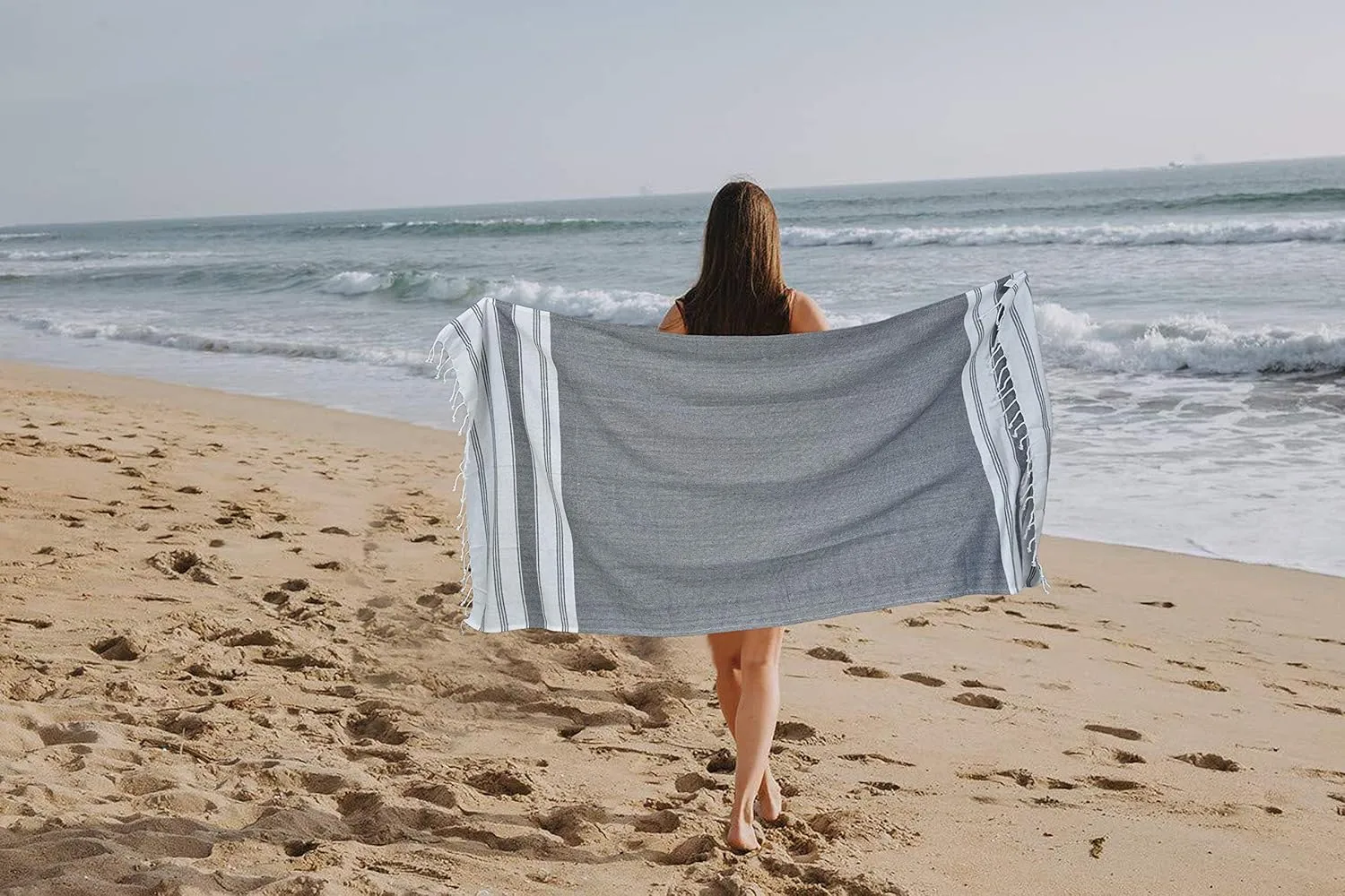 GLAMBURG Peshtemal Turkish Beach Towel Cotton Oversized 36x71 Set of 6 for Adults, Soft Durable Absorbent Extra Large Hammam Bath Sheet - Navy Blue