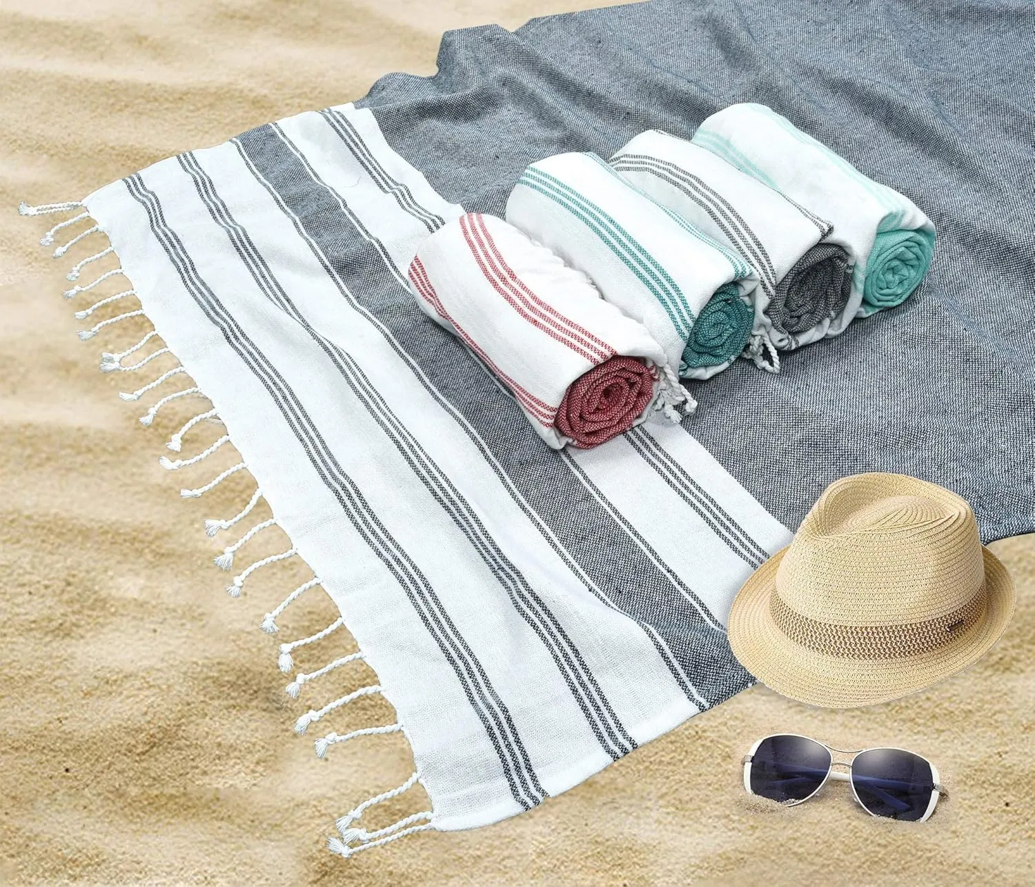 GLAMBURG Peshtemal Turkish Beach Towel Cotton Oversized 36x71 Set of 6 for Adults, Soft Durable Absorbent Extra Large Hammam Bath Sheet - Navy Blue