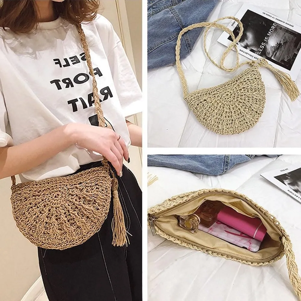 Gogobear Women's Straw Beach Bag Handmade Woven Crossbody Purse with Tassels Summer Vacation Shoulder Handbag