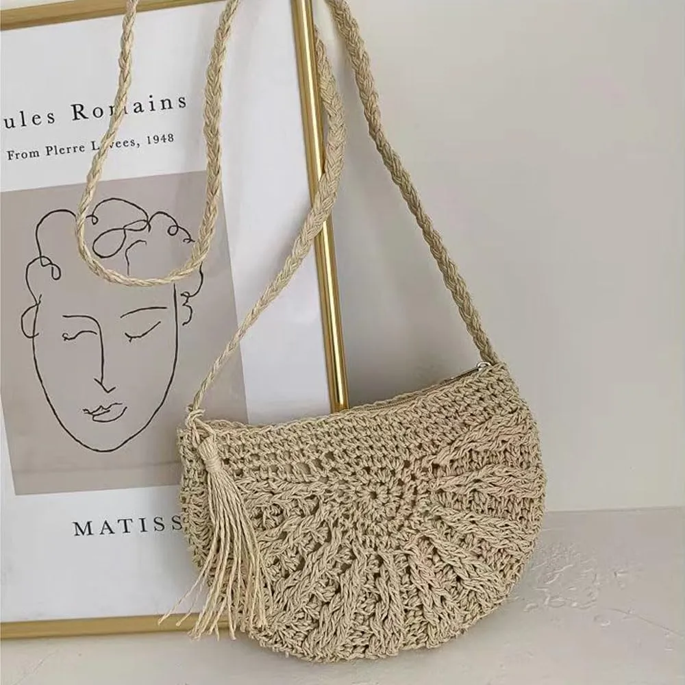 Gogobear Women's Straw Beach Bag Handmade Woven Crossbody Purse with Tassels Summer Vacation Shoulder Handbag
