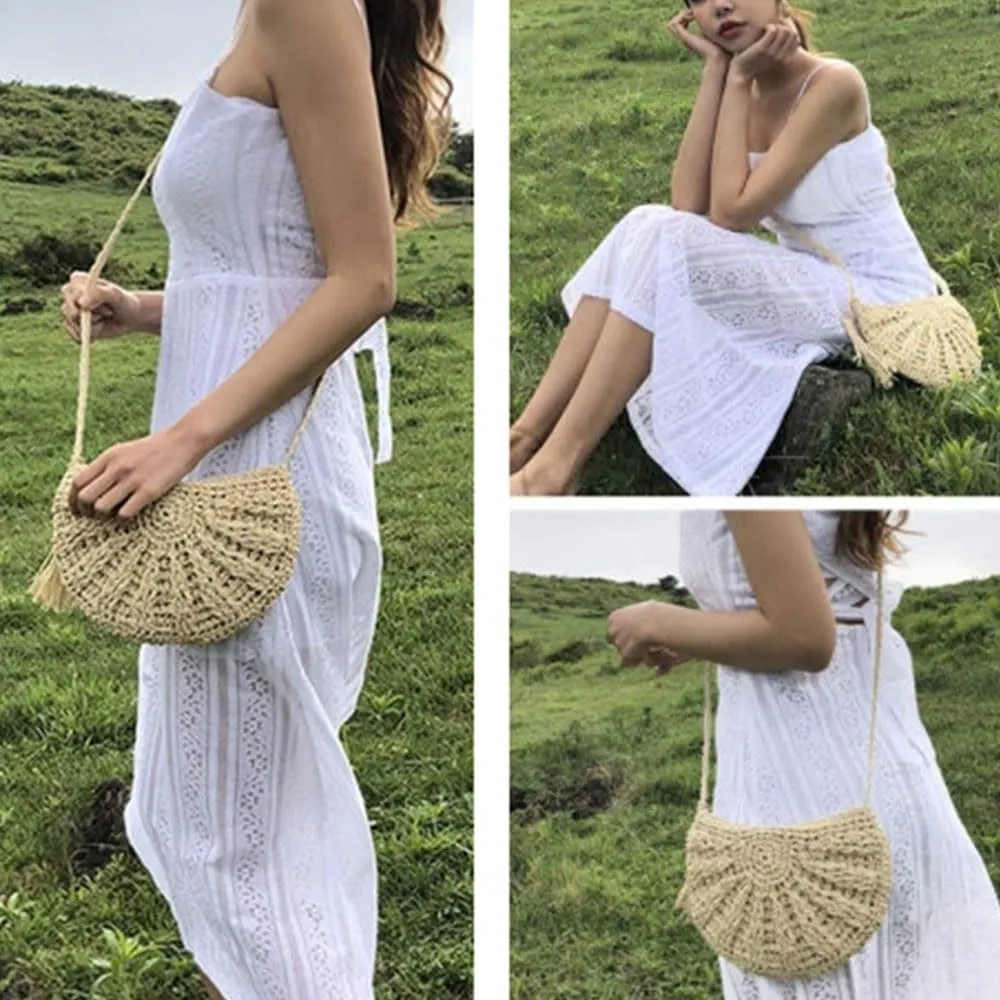 Gogobear Women's Straw Beach Bag Handmade Woven Crossbody Purse with Tassels Summer Vacation Shoulder Handbag