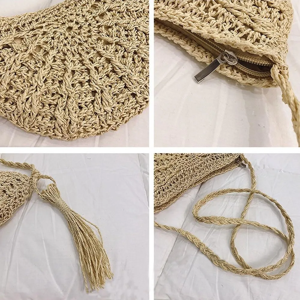 Gogobear Women's Straw Beach Bag Handmade Woven Crossbody Purse with Tassels Summer Vacation Shoulder Handbag