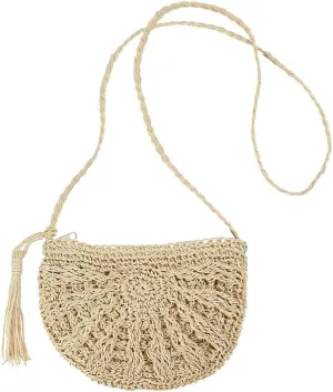Gogobear Women's Straw Beach Bag Handmade Woven Crossbody Purse with Tassels Summer Vacation Shoulder Handbag