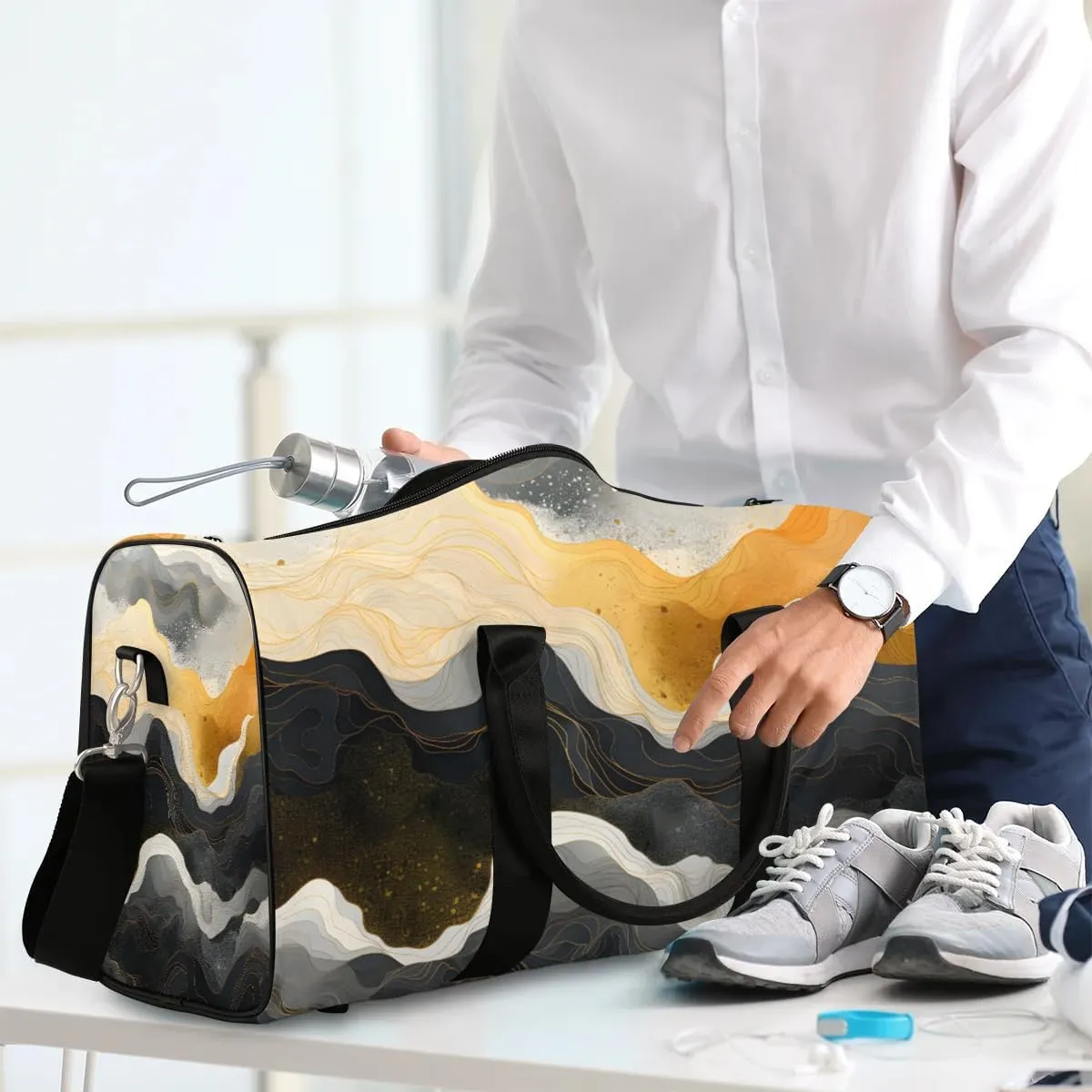 Gold Black Marble Travel Duffel Bag for Women Men Waterproof Foldable Overnight Weekender Bag Large Capacity Sports Gym Bag