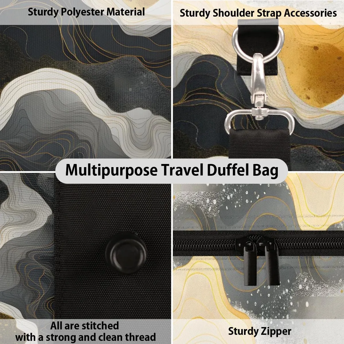 Gold Black Marble Travel Duffel Bag for Women Men Waterproof Foldable Overnight Weekender Bag Large Capacity Sports Gym Bag