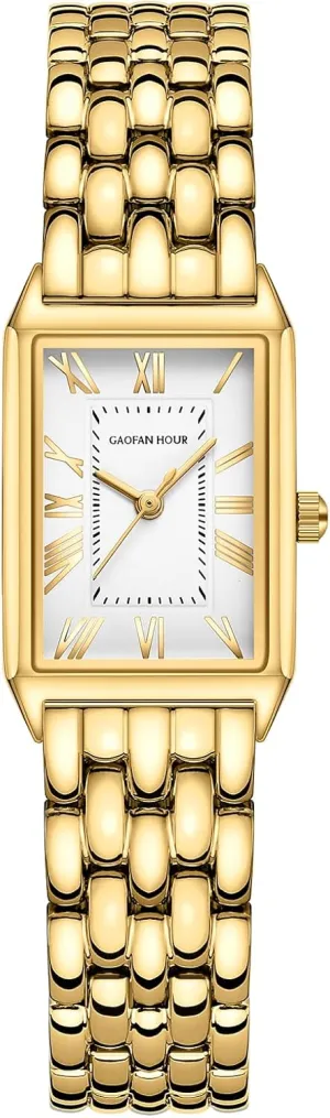 Gold Watches for Women with Vintage Rectangular Case,White Roman Dial,Stainless Steel Band,Adjustment Tool Included,Water Resistant
