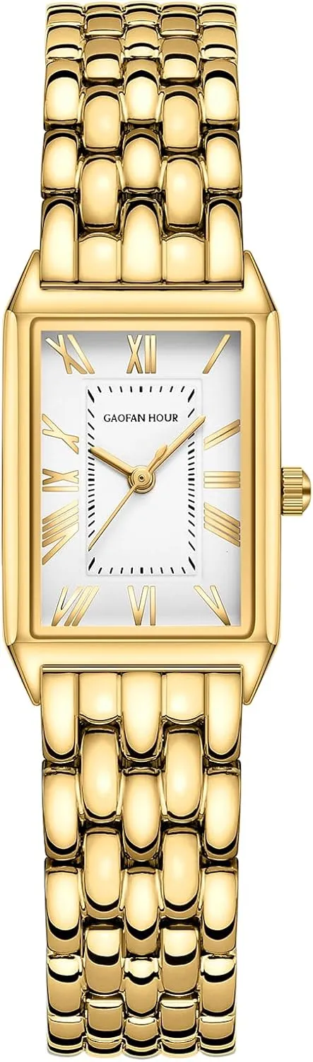 Gold Watches for Women with Vintage Rectangular Case,White Roman Dial,Stainless Steel Band,Adjustment Tool Included,Water Resistant