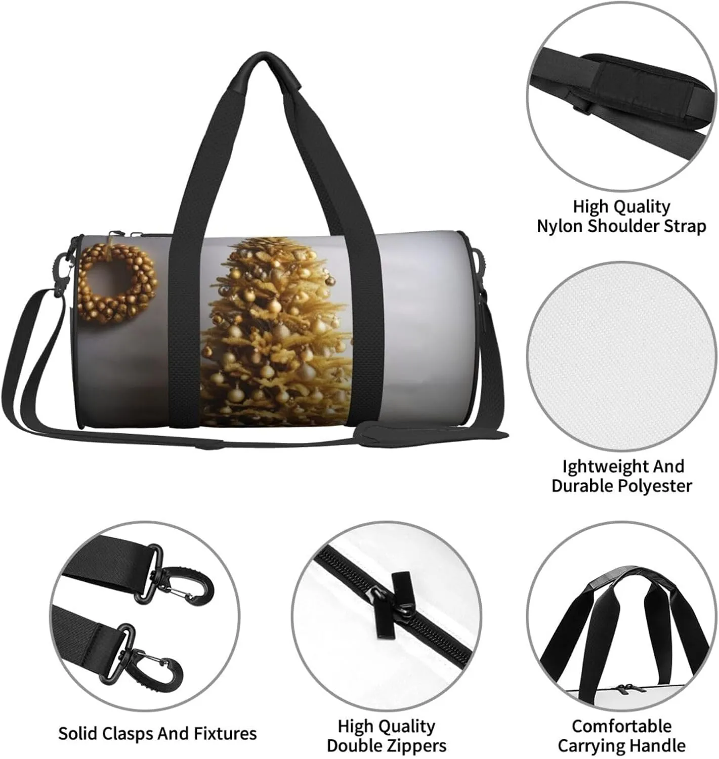 Golden Glitter Christmas Tree Printed Travel Bag,Round Personal Item Storage bag,Foldie Duffel Bag for Traveling Vacation,Fitness,Sports