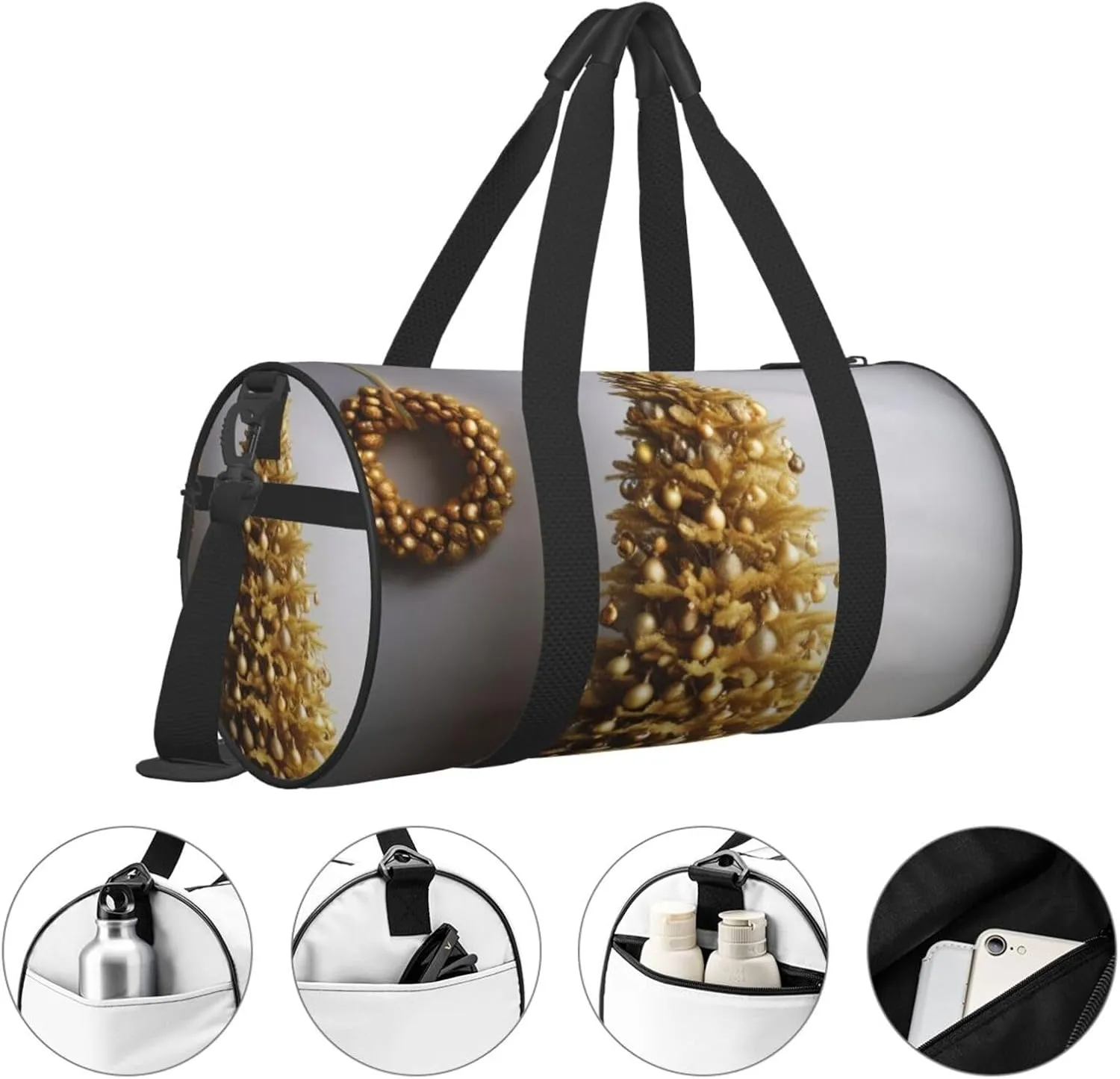 Golden Glitter Christmas Tree Printed Travel Bag,Round Personal Item Storage bag,Foldie Duffel Bag for Traveling Vacation,Fitness,Sports