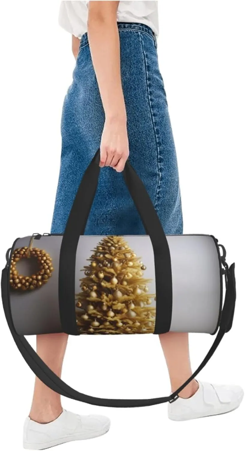 Golden Glitter Christmas Tree Printed Travel Bag,Round Personal Item Storage bag,Foldie Duffel Bag for Traveling Vacation,Fitness,Sports