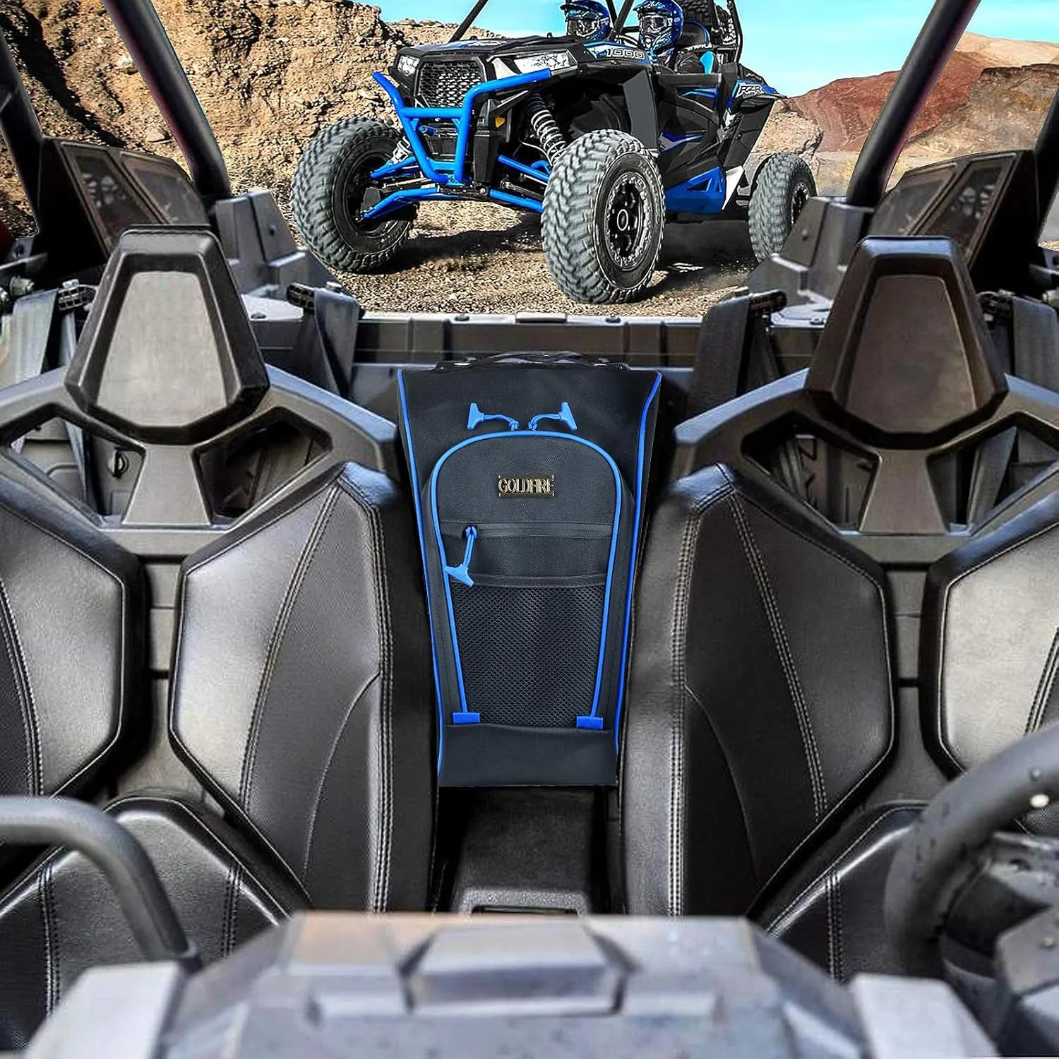 Goldfire RZR PRO XP Storage Bag, UTV Cab Pack Center Seat Bag 1680D Wear Resistant Zippers Tool Organizer Gear Bag for Polaris PRO XP / 4 2020-2025 (Blue Piping)