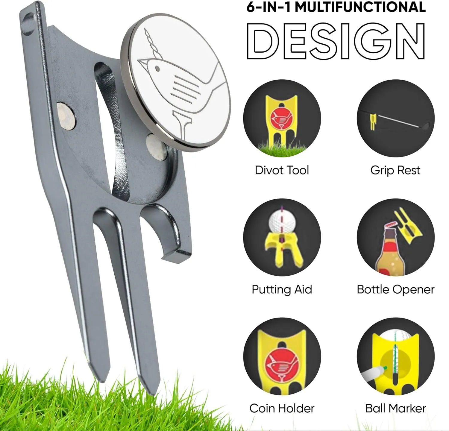Golf Divot Repair Tool & Golf Ball Marker 6-in-1 Golf Divot Tool