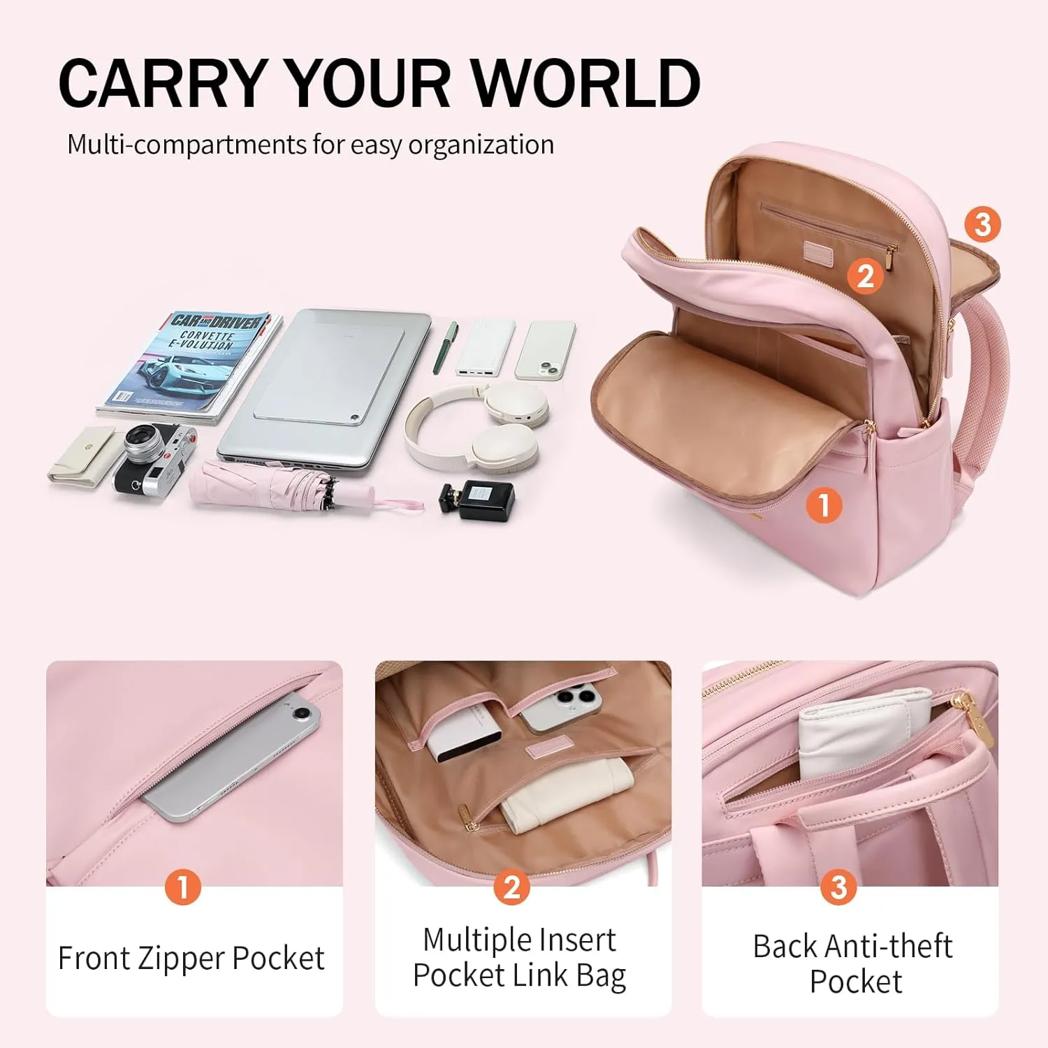 GOLF SUPAGS Women Laptop Backpack Casual Daypack for Work Travel College Backpack Purse Separate Laptop Compartment Fits 15.6 Inch Notebook