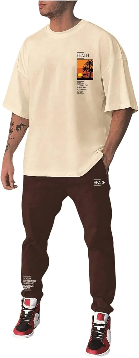 GORGLITTER Men's 2 Piece Beach Graphic Outfit Crewneck Oversized T Shirt Lightweight Sweatpants Set Tracksuits