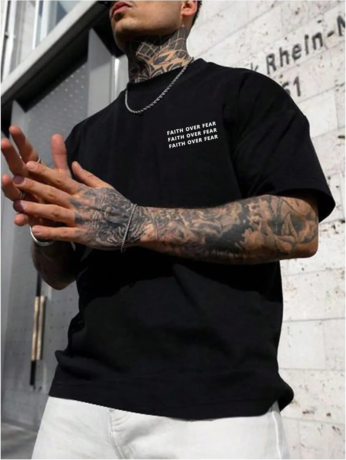 GORGLITTER Men's Crewneck T Shirt Letter Graphic Short Sleeve Casual Drop Shoulder Oversized Tee