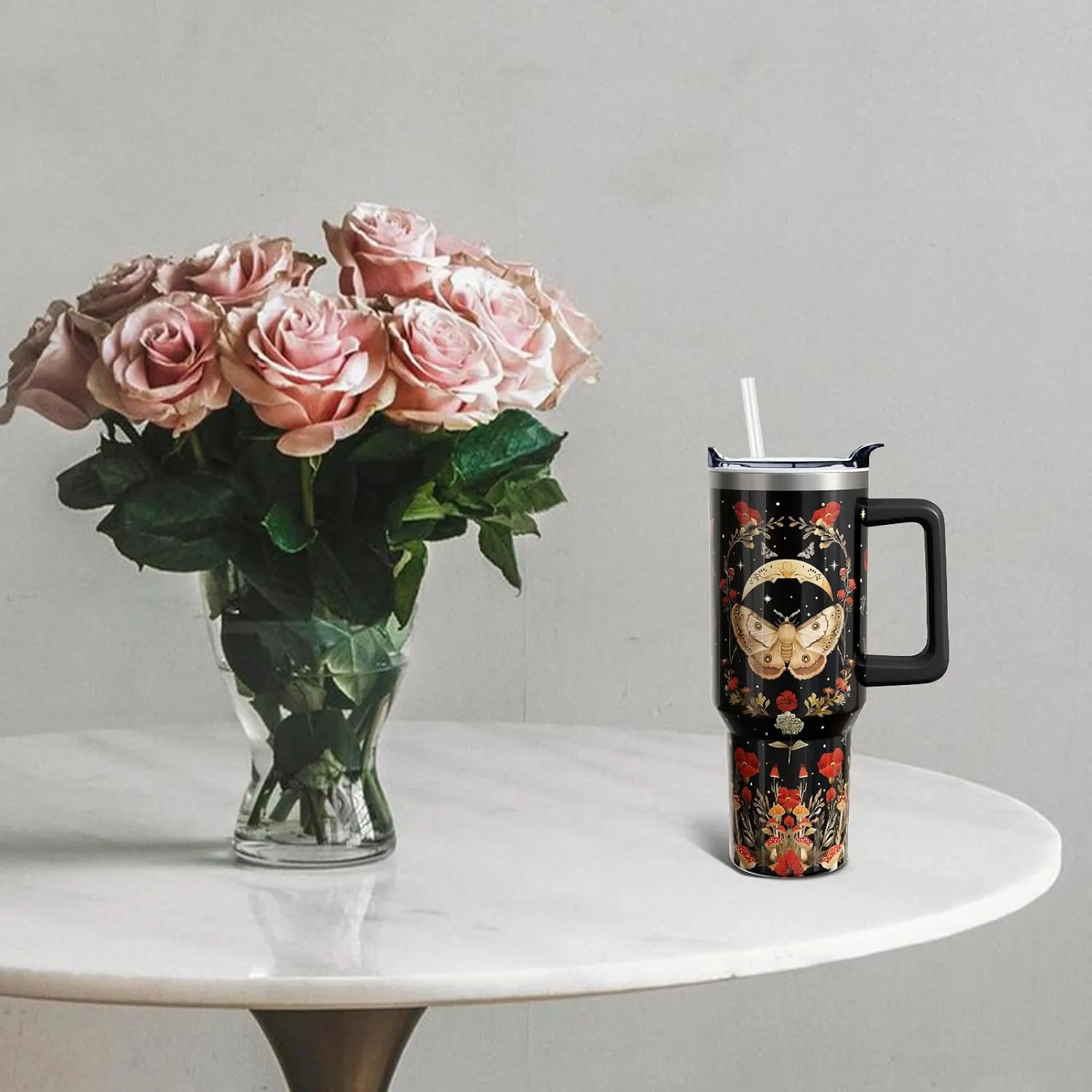 Goth 40 Oz Tumbler with Handle and Lid Straw, Gothic Poppy Moth Mushroom Moon Stainless Steel Double Walled Vacuum Insulated Cup Mug Witchy Gifts for Women Men (1 PC)