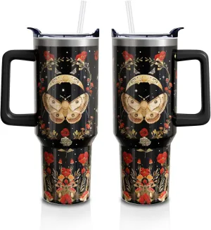 Goth 40 Oz Tumbler with Handle and Lid Straw, Gothic Poppy Moth Mushroom Moon Stainless Steel Double Walled Vacuum Insulated Cup Mug Witchy Gifts for Women Men (1 PC)