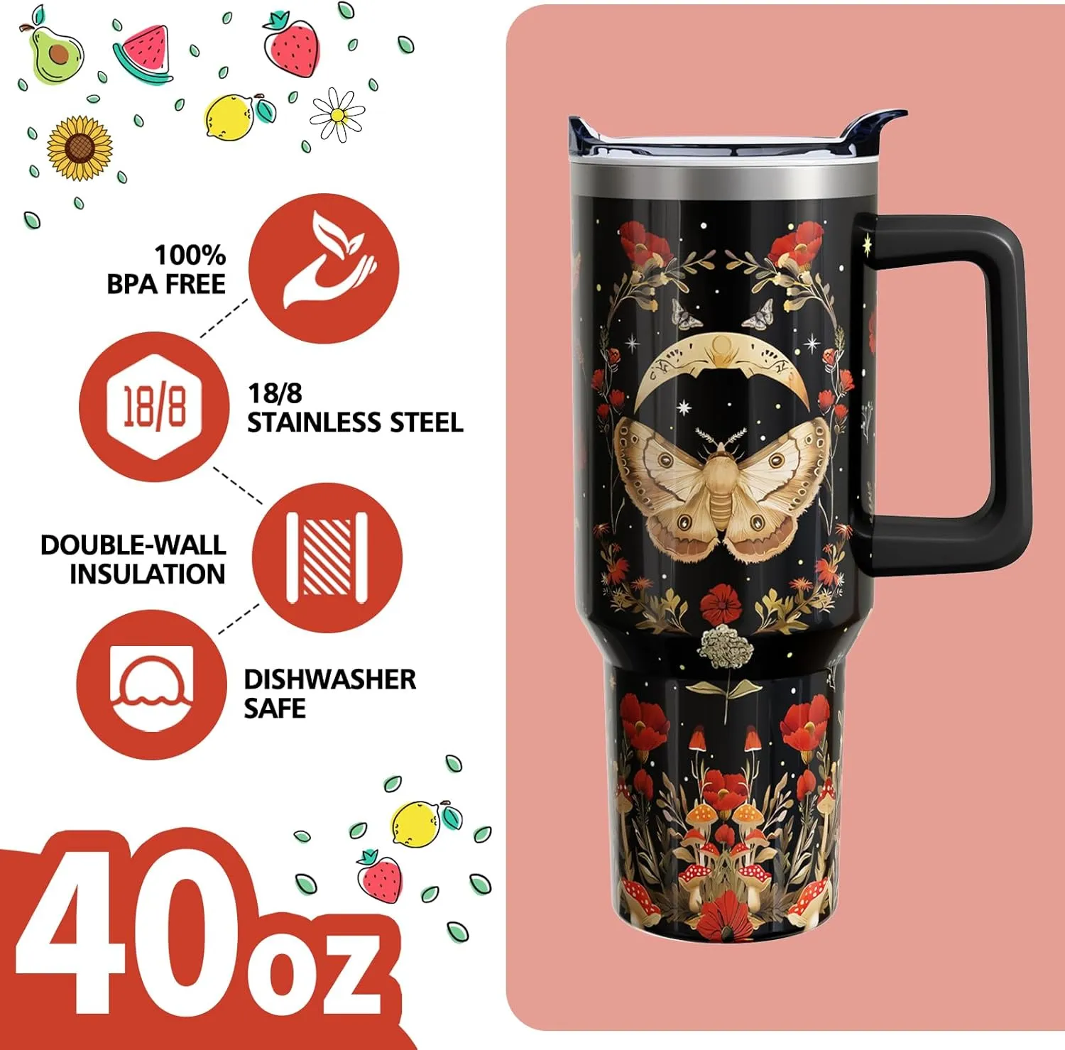 Goth 40 Oz Tumbler with Handle and Lid Straw, Gothic Poppy Moth Mushroom Moon Stainless Steel Double Walled Vacuum Insulated Cup Mug Witchy Gifts for Women Men (1 PC)