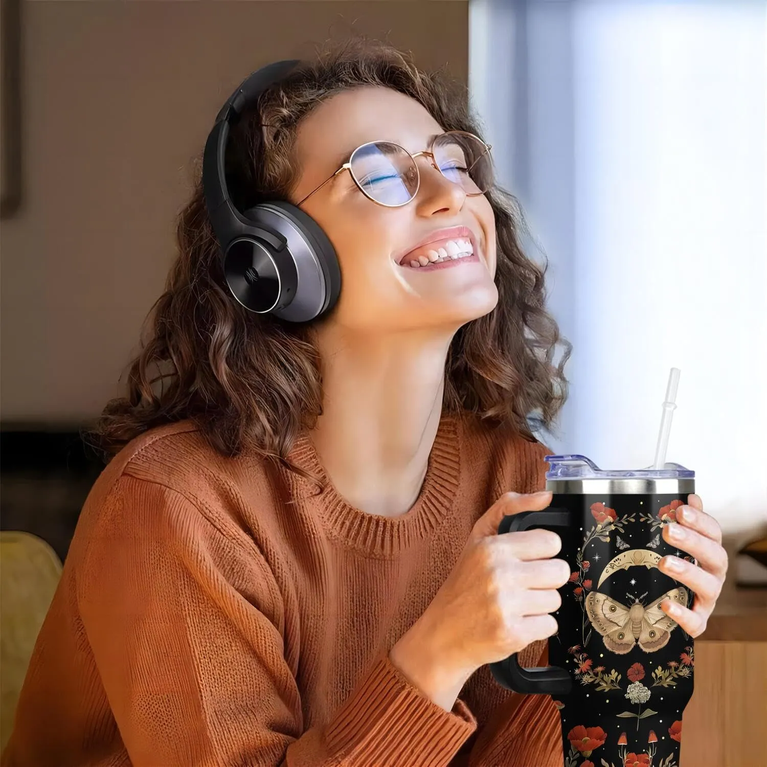 Goth 40 Oz Tumbler with Handle and Lid Straw, Gothic Poppy Moth Mushroom Moon Stainless Steel Double Walled Vacuum Insulated Cup Mug Witchy Gifts for Women Men (1 PC)