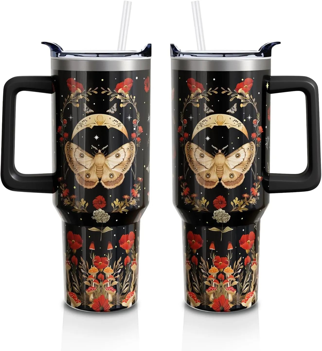 Goth 40 Oz Tumbler with Handle and Lid Straw, Gothic Poppy Moth Mushroom Moon Stainless Steel Double Walled Vacuum Insulated Cup Mug Witchy Gifts for Women Men (1 PC)