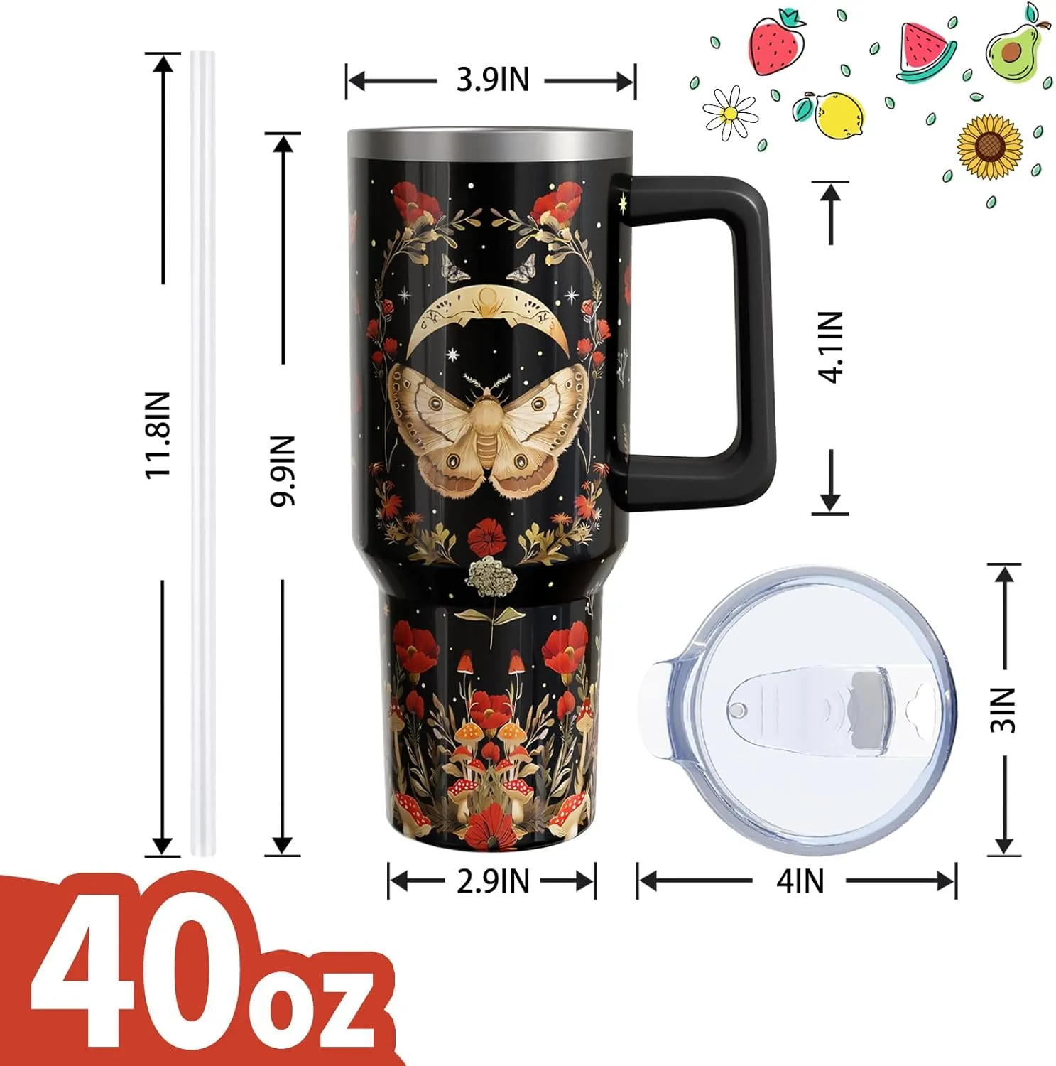 Goth 40 Oz Tumbler with Handle and Lid Straw, Gothic Poppy Moth Mushroom Moon Stainless Steel Double Walled Vacuum Insulated Cup Mug Witchy Gifts for Women Men (1 PC)