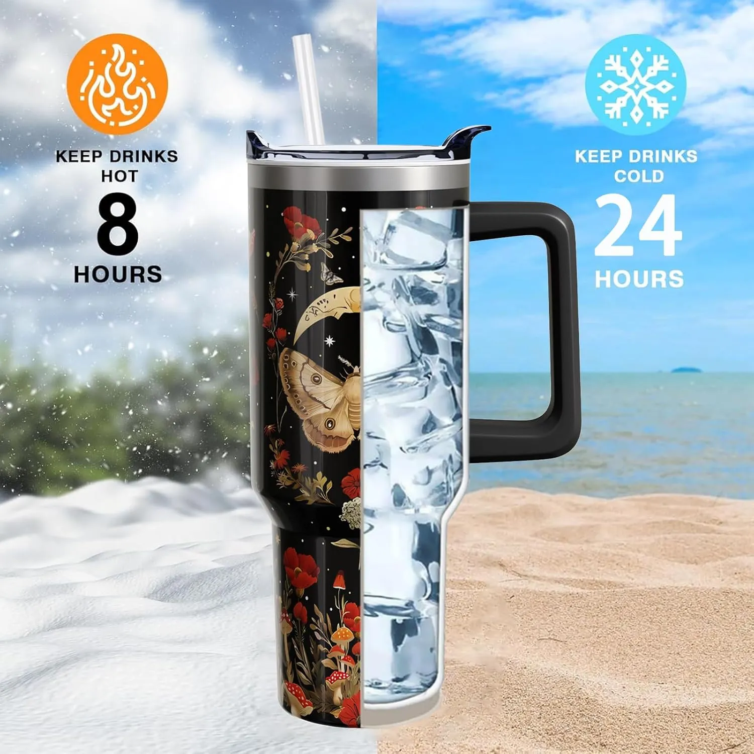 Goth 40 Oz Tumbler with Handle and Lid Straw, Gothic Poppy Moth Mushroom Moon Stainless Steel Double Walled Vacuum Insulated Cup Mug Witchy Gifts for Women Men (1 PC)