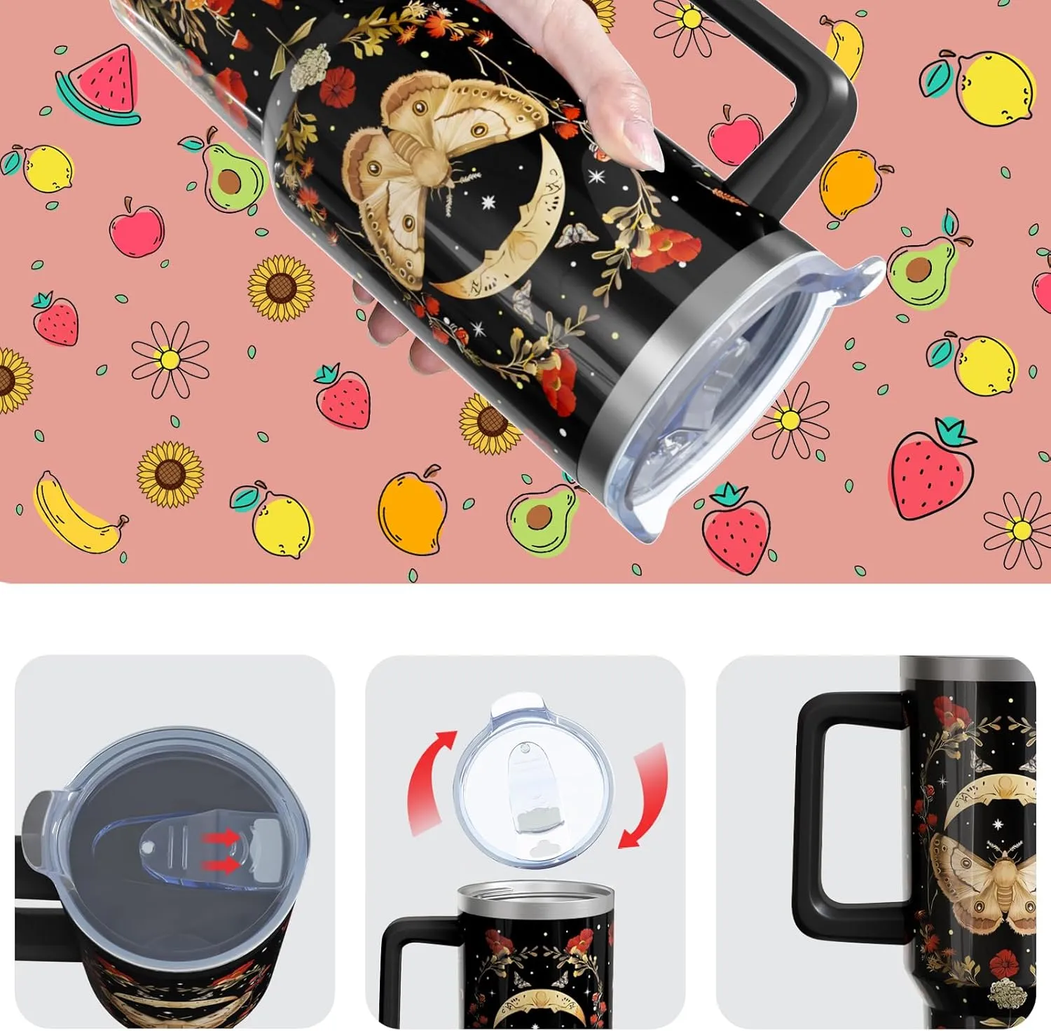 Goth 40 Oz Tumbler with Handle and Lid Straw, Gothic Poppy Moth Mushroom Moon Stainless Steel Double Walled Vacuum Insulated Cup Mug Witchy Gifts for Women Men (1 PC)