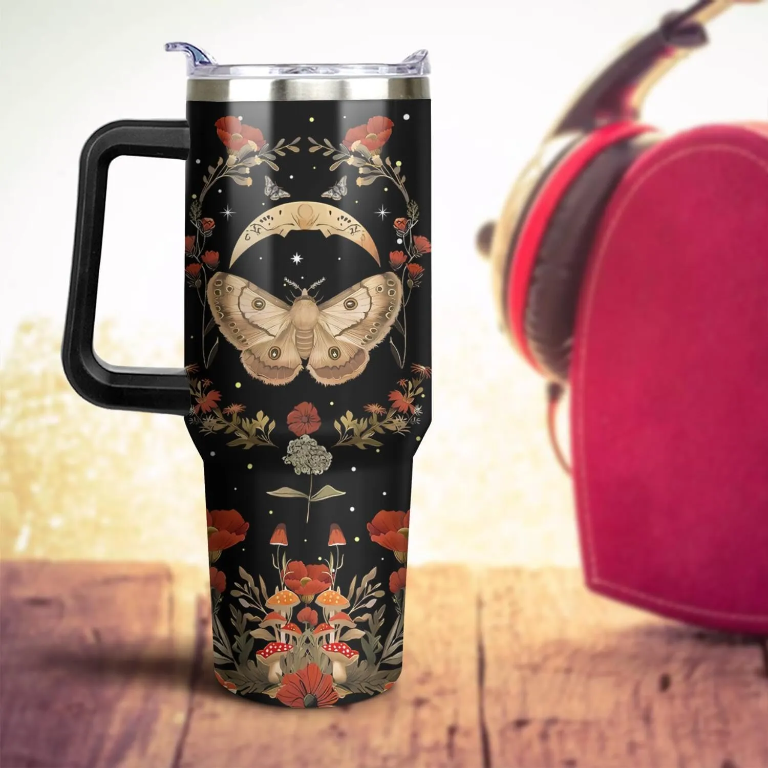 Goth 40 Oz Tumbler with Handle and Lid Straw, Gothic Poppy Moth Mushroom Moon Stainless Steel Double Walled Vacuum Insulated Cup Mug Witchy Gifts for Women Men (1 PC)