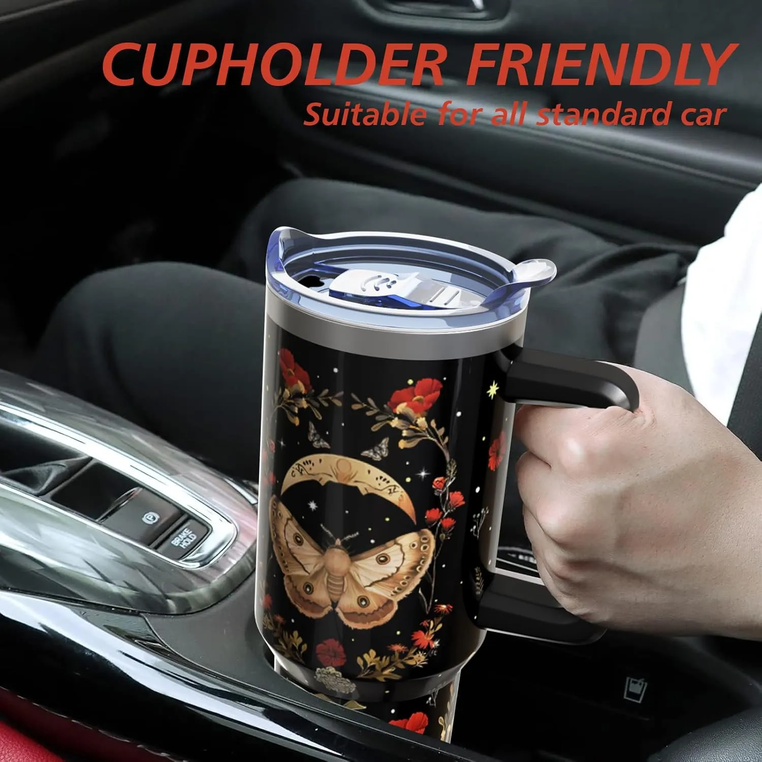Goth 40 Oz Tumbler with Handle and Lid Straw, Gothic Poppy Moth Mushroom Moon Stainless Steel Double Walled Vacuum Insulated Cup Mug Witchy Gifts for Women Men (1 PC)