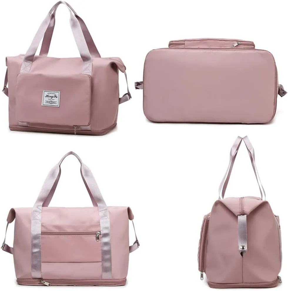 Gpmsign Travel Bag, Large Capacity Folding Travel Bag, High-capacity Double-layer Wet Separation Travelling Bag (Cherry Blossom Powder)