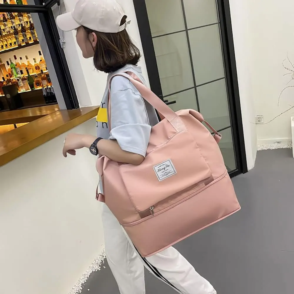 Gpmsign Travel Bag, Large Capacity Folding Travel Bag, High-capacity Double-layer Wet Separation Travelling Bag (Cherry Blossom Powder)