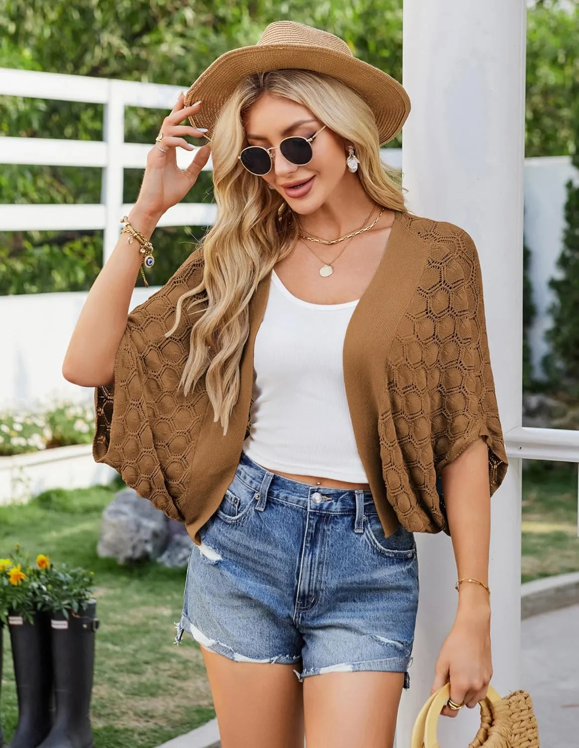 GRACE KARIN Womens Crochet Summer Cardigan Shrug 2025 Lightweight Open Front Hollow-out Batwing Cardigan Sweater Outwear