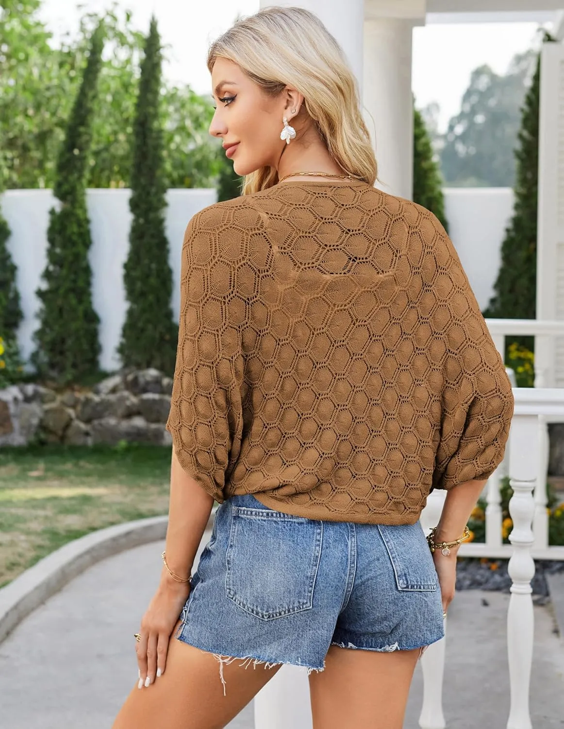 GRACE KARIN Womens Crochet Summer Cardigan Shrug 2025 Lightweight Open Front Hollow-out Batwing Cardigan Sweater Outwear