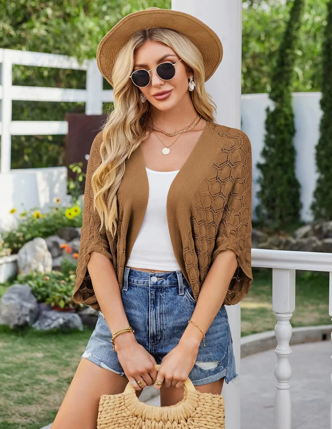 GRACE KARIN Womens Crochet Summer Cardigan Shrug 2025 Lightweight Open Front Hollow-out Batwing Cardigan Sweater Outwear