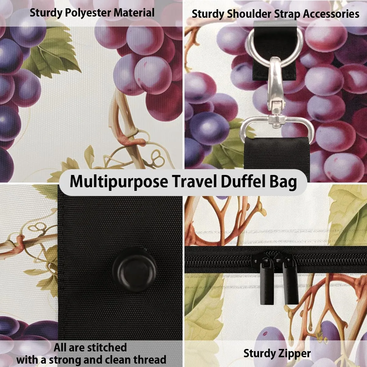 Grapes Leaves Travel Duffel Bag for Women Men Waterproof Foldable Overnight Weekender Bag Large Capacity Sports Gym Bag