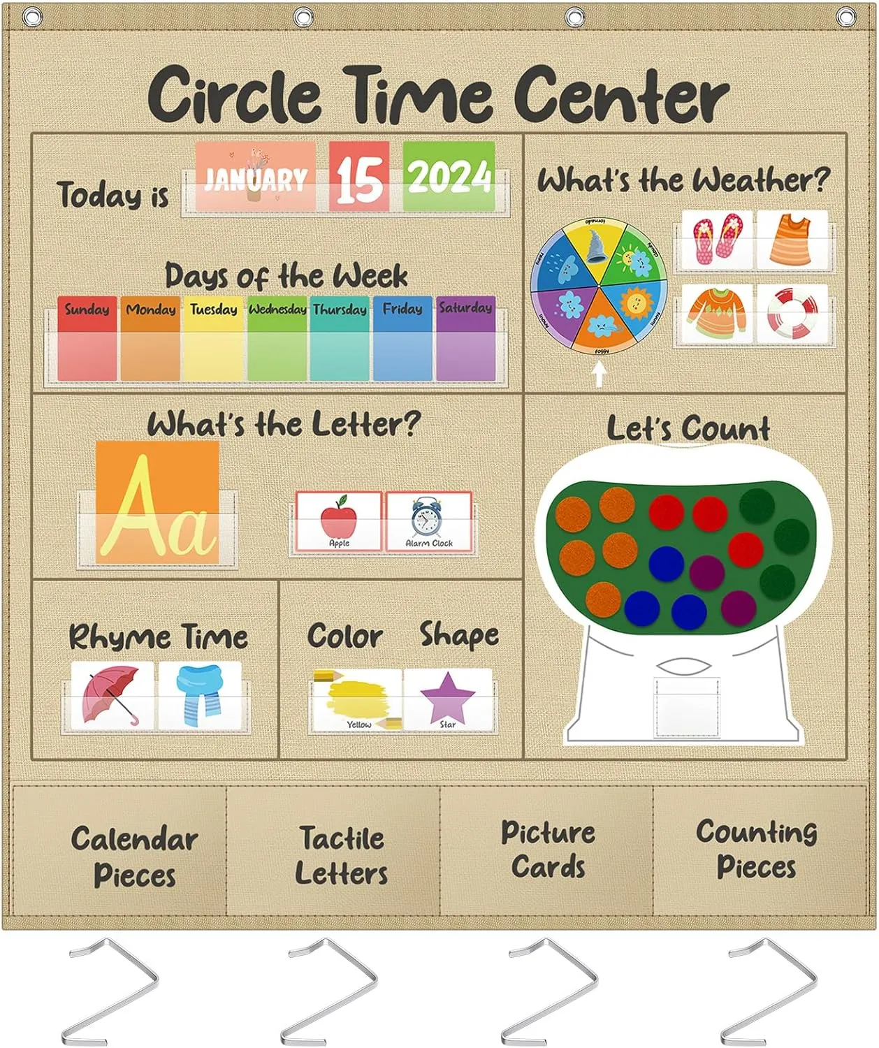 Gueevin Circle Time Center Pocket Chart 41 x 39 Inch Educational Pocket Chart Teaching Materials Set with 218 Pcs Learning Cards, Include Calendar Weather Counting Letter Color Shape Etc.(Burlap)