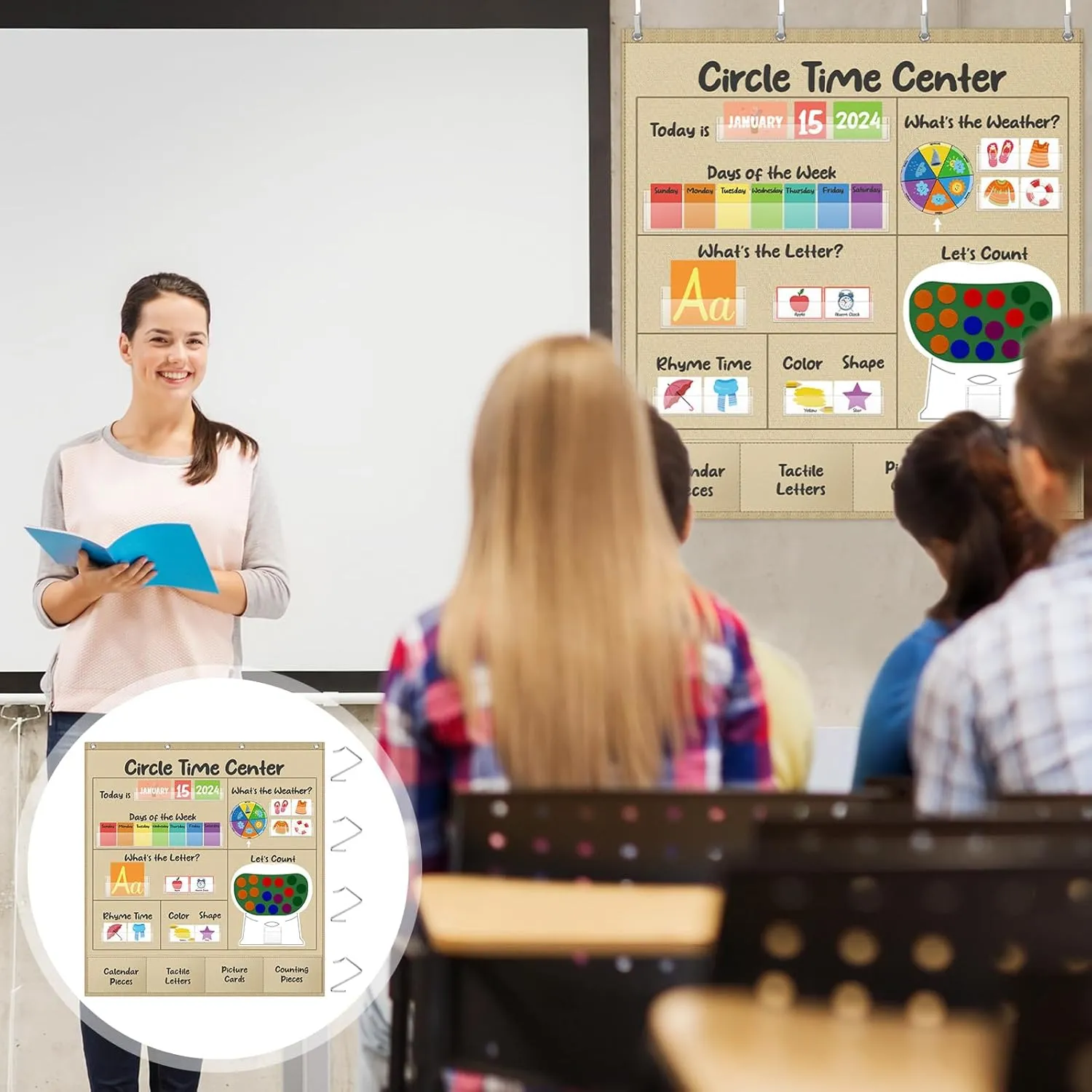 Gueevin Circle Time Center Pocket Chart 41 x 39 Inch Educational Pocket Chart Teaching Materials Set with 218 Pcs Learning Cards, Include Calendar Weather Counting Letter Color Shape Etc.(Burlap)