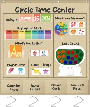 Gueevin Circle Time Center Pocket Chart 41 x 39 Inch Educational Pocket Chart Teaching Materials Set with 218 Pcs Learning Cards, Include Calendar Weather Counting Letter Color Shape Etc.(Burlap)