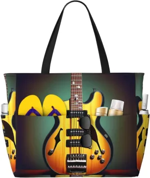 Guitar Bass Music Musical Instruments Print Lightweight & Waterproof Tote Bag For Women Beach Gym Travel Vacation Picnic Sport