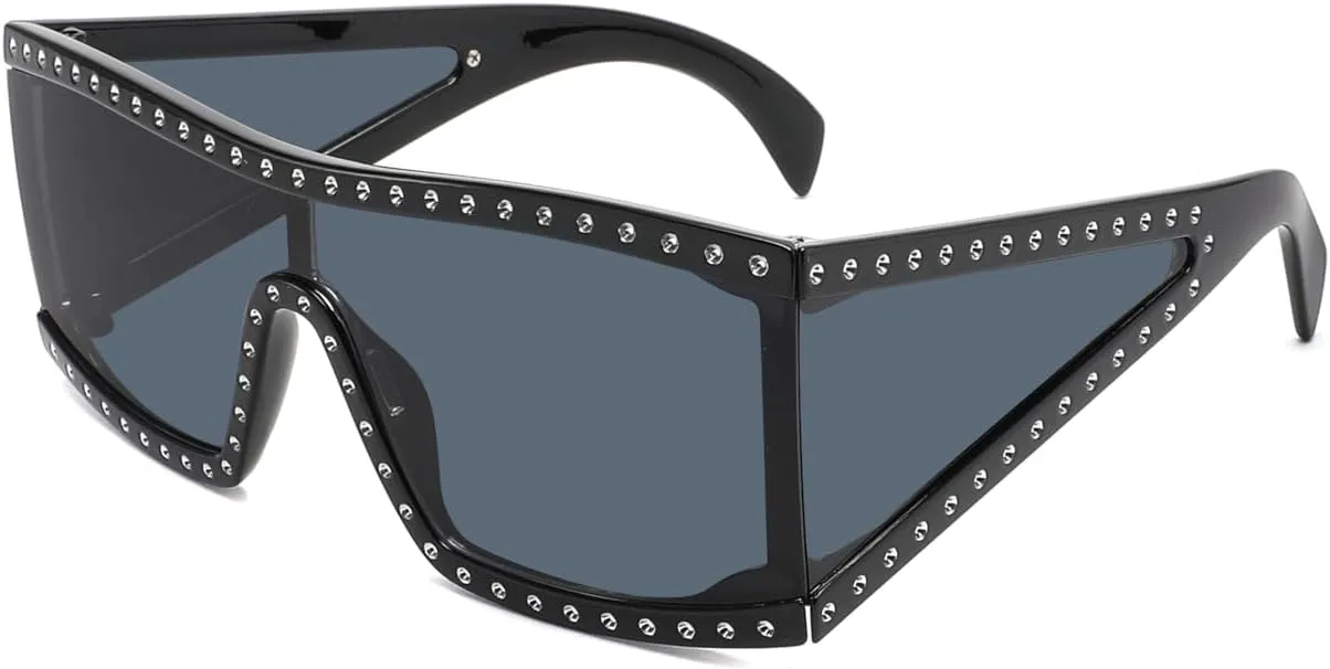 Hadley Oversize Square Sunglasses Retro Crystal Accent Goggle Sun Glasses Driving Outdoor Fashion Wear Womens Gifts Black/Black