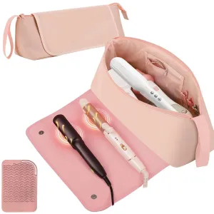 Hair Tools Travel Bag with Silicone Heat Resistant Mat, Valentina Gift Hair Styling Accessories Organizer Case, Curling Iron Straightener Flat Iron Hair, Essentials Dryer Storage Pouch for Women, Pink