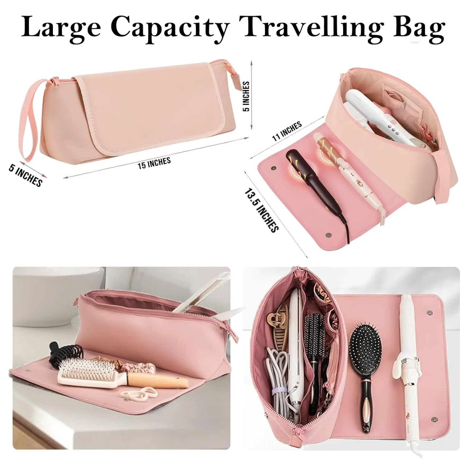 Hair Tools Travel Bag with Silicone Heat Resistant Mat, Valentina Gift Hair Styling Accessories Organizer Case, Curling Iron Straightener Flat Iron Hair, Essentials Dryer Storage Pouch for Women, Pink