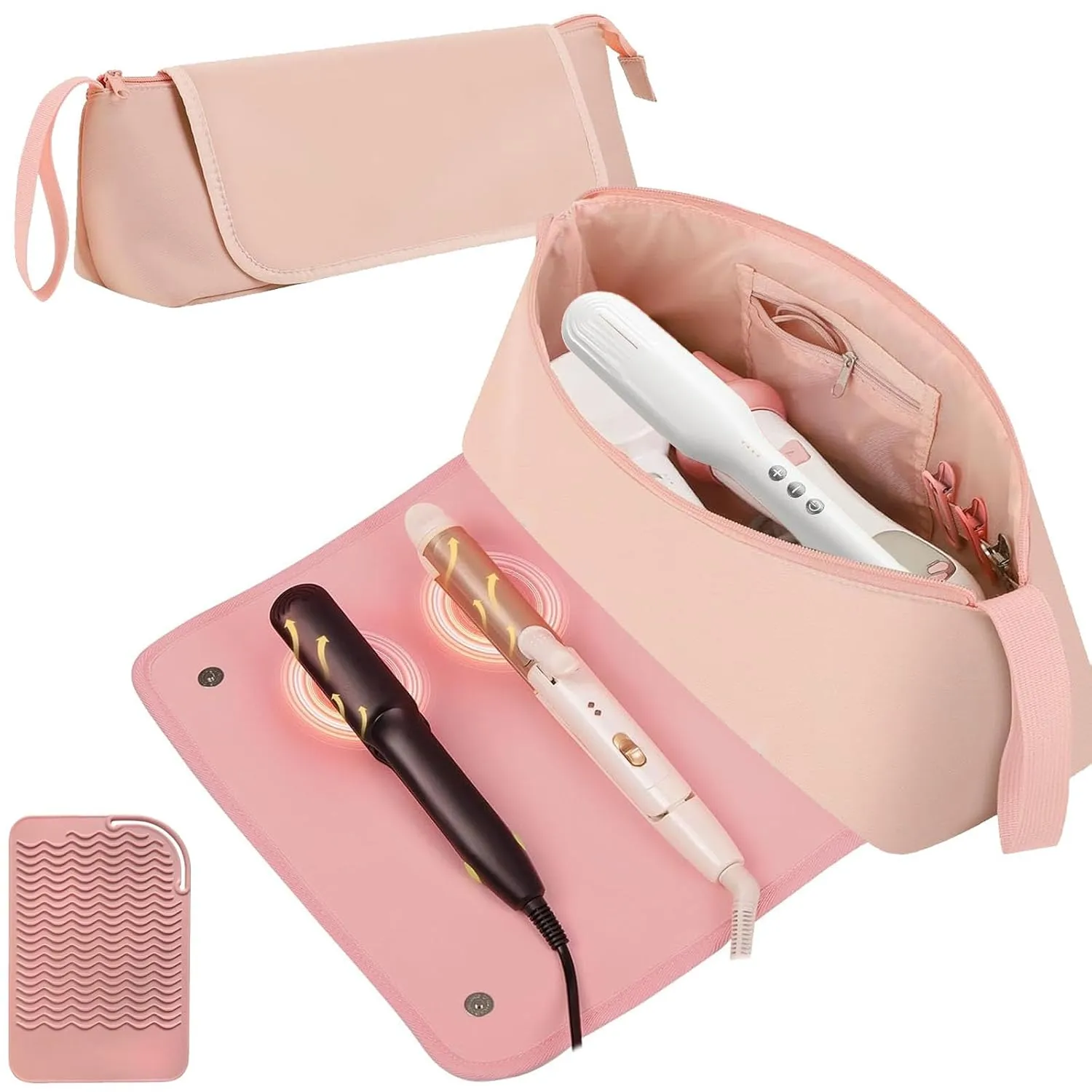 Hair Tools Travel Bag with Silicone Heat Resistant Mat, Valentina Gift Hair Styling Accessories Organizer Case, Curling Iron Straightener Flat Iron Hair, Essentials Dryer Storage Pouch for Women, Pink