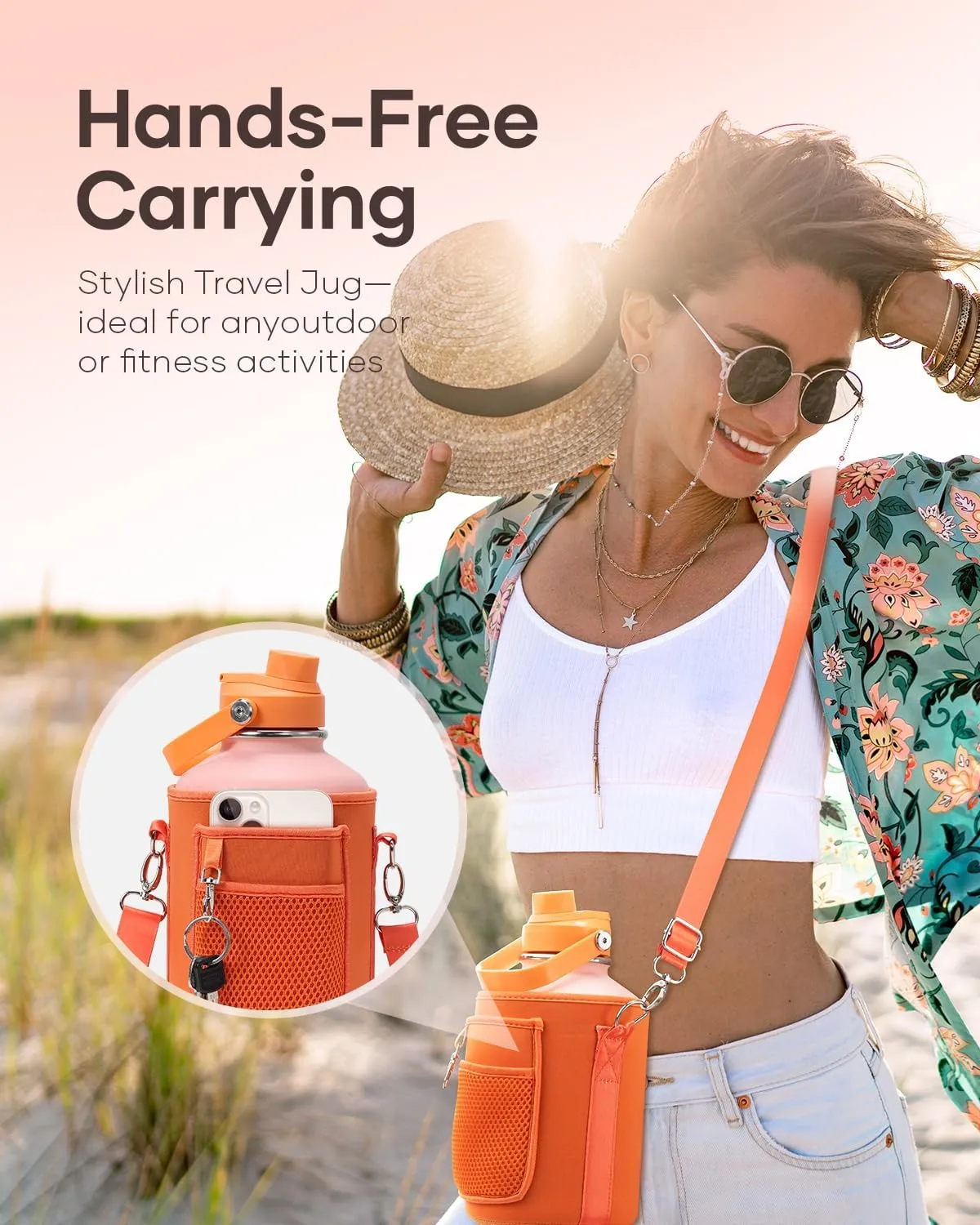 Half Gallon Water Bottle, BUZIO 64 oz Insulated Stainless Steel Water Bottles with Straw Lid Leak Proof water jug, Keep Cold 48H Lead-Free Double Wall Vacuum Metal Mug for Sport Camping Beach, Orange