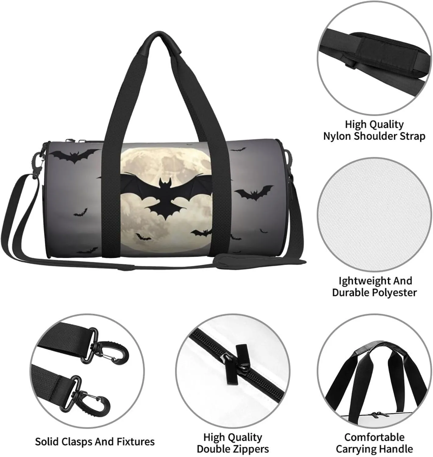 Halloween Flying Bats Printed Travel Bag,Round Personal Item Storage bag,Foldie Duffel Bag for Traveling Vacation,Fitness,Sports