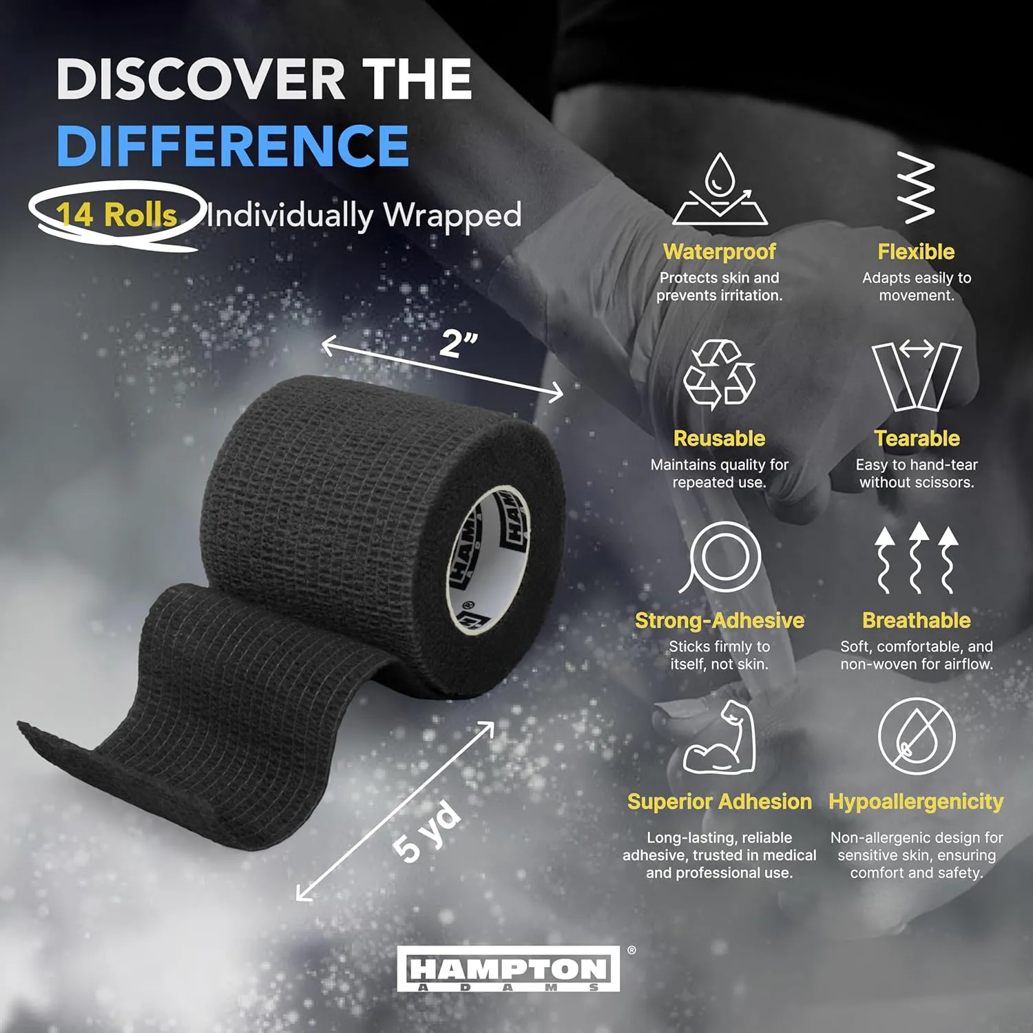 Hampton Adams | As Seen on Shark Tank | Self Adhesive Bandage Wrap (14-Pack) | 15ft | Pet Safe | Breathable Athletic Elastic Cohesive Bandage for Sports Injury Ankle Knee Wrist sprains (Black)